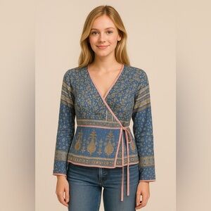 383 Joshi Long Sleeve Wrap Blouse Size 2 Color Blue